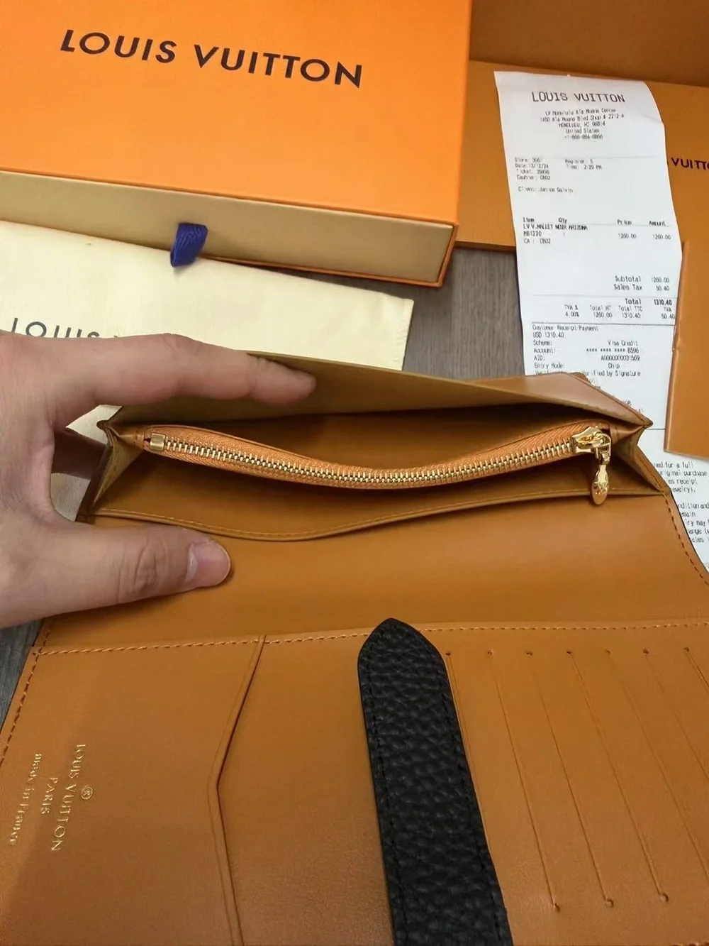 Louis Vuitton Black Pebbled Leather Long Wallet with Gold LV Emblem